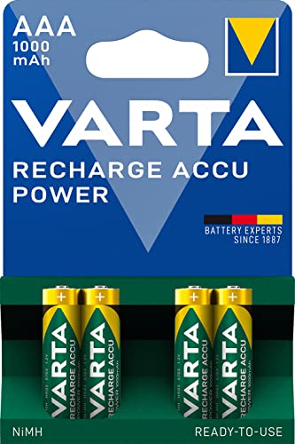 VARTA Batterien AAA, wiederaufladbar, 4 Stück, Recharge Accu Power, Akku, 1000 mAh Ni-MH, ohne Memory Effekt, vorgeladen, sofort einsatzbereit von Varta