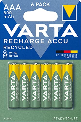 VARTA Batterien AAA, wiederaufladbar, 6 Stück, Recharge Accu Recycled, Akku, 800 mAh Ni-Mh, aus 21% recyceltem Material, vorgeladen, sofort einsatzbereit von Varta