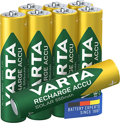 VARTA Batterien AAA, wiederaufladbar, 8 Stück, Recharge Accu Solar, Akku, 550 mAh Ni-MH, sofort einsatzbereit, für Solar-Gartenleuchten entwickelt von Varta