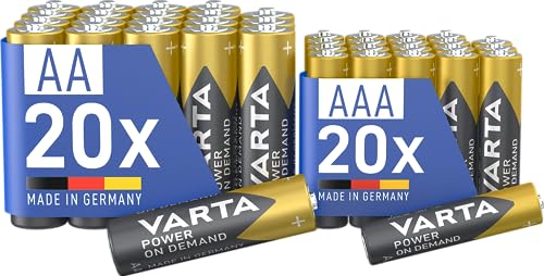 VARTA Batterien Mischpack 40 Stück, AA 20 Stück + AAA 20 Stück, Power on Demand, Alkaline, Vorratspack in umweltschonender Verpackung, leistungsstark, Made in Germany von Varta