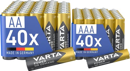 VARTA Batterien Mischpack 80 Stück, AA 40 Stück + AAA 40 Stück, Power on Demand, Alkaline, Vorratspack in umweltschonender Verpackung, leistungsstark, Made in Germany [Exklusiv bei Amazon] von Varta