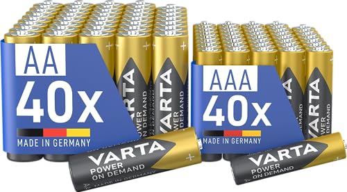 VARTA Batterien Mischpack 80 Stück, AA 40 Stück + AAA 40 Stück, Power on Demand, Alkaline, Vorratspack in umweltschonender Verpackung, leistungsstark von Varta