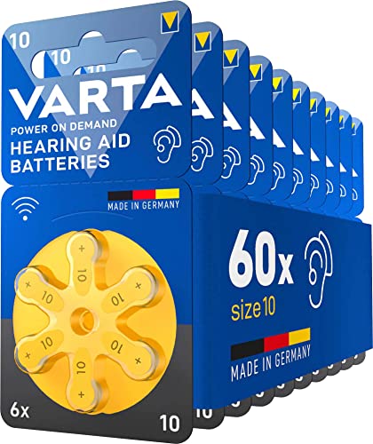 VARTA Hörgerätebatterien Typ 10 gelb, Batterien 60 Stück Vorratspack, Power on Demand, wireless approved, Größe p 10 für Hörgeräte & Hörhilfen, Made in Germany [Exklusiv bei Amazon] von Varta