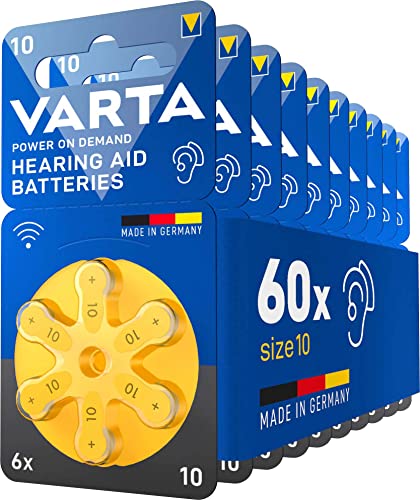 VARTA Hörgerätebatterien Typ 10 gelb, Batterien 60 Stück Vorratspack, Power on Demand, wireless approved, Größe p 10 für Hörgeräte & Hörhilfen, Made in Germany VARTA Hörgerätebatterien Typ 10 gelb, Batterien 60 Stück Vorratspack, Power on Demand, wireless approved, Größe p 10 für Hörgeräte & Hörhilfen, Made in Germany von VARTA