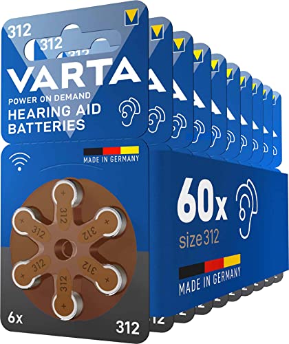 VARTA Hörgerätebatterien Typ 312 braun, Batterien 60 Stück Vorratspack, Power on Demand, wireless approved, Größe p 312 für Hörgeräte & Hörhilfen, Made in Germany [Exklusiv bei Amazon] von Varta