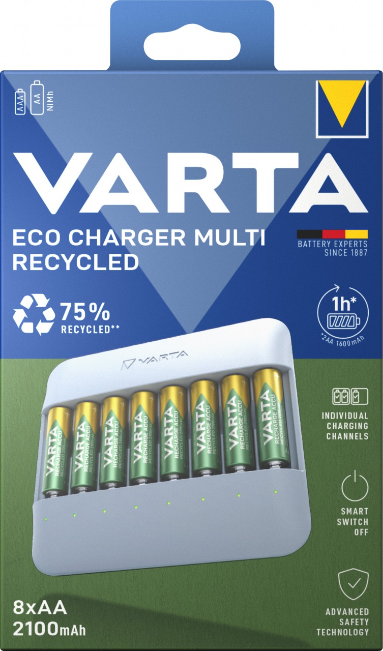 Varta Akku NiMH, Universal Ladegerät, Eco Charger Multi Recycled, inkl. Akkus, 8x Mignon, AA, 2100mAh, Retail Varta Akku NiMH, Universal Ladegerät, Eco Charger Multi Recycled, inkl. Akkus, 8x Mignon, AA, 2100mAh, Retail von Varta