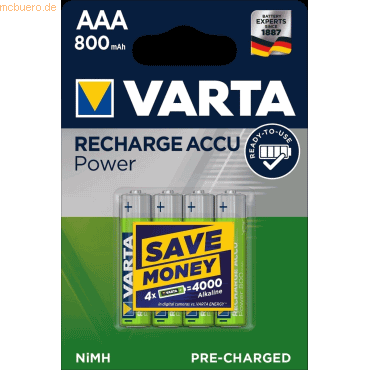 Varta VARTA Recharge Accu Power, Akku vorgeladen, AAA 800mAh, 4Stk von Varta