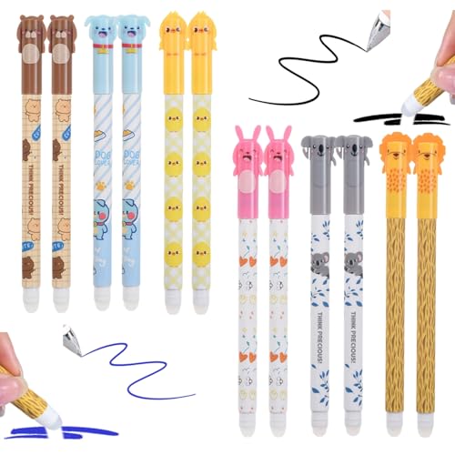 Vartegas 4/6er Set Radierbarer Kugelschreiber, 2025 süße 0.5mm Gelstiften, Radierbarer Stift Blau/Schwarz Tinte, Tier Erasable Pen in Hunde/Bär/Huhn/Kaninchen/Löwe/Koala-Designs (A-Set) von Vartegas