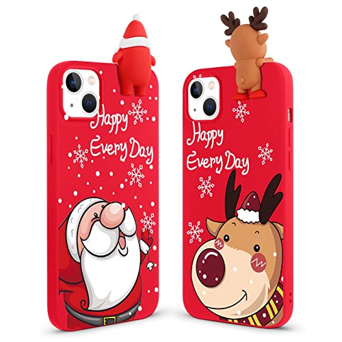 Vauki 2 Stück Hülle für iPhone 13/iPhone 14, Rot Weihnachten Silikon Handyhülle mit Süß Muster 3D Slim Case Cover Cartoon Tiere Puppe Motiv Schutzhülle, Hirsch Weihnachtsmann für iPhone 13 6,1" von Vauki