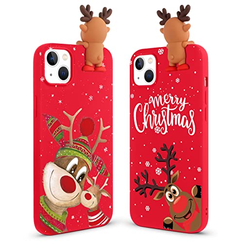 Vauki [2 Stück Weihnachten Hülle für iPhone 14/iPhone 13, Rot Silikon Handyhülle 3D Cartoon Christmas REH mit Puppe Süß Case Christmas Muster Motiv Design für iPhone 14 6.1", Lächeln Hirsch von Vauki