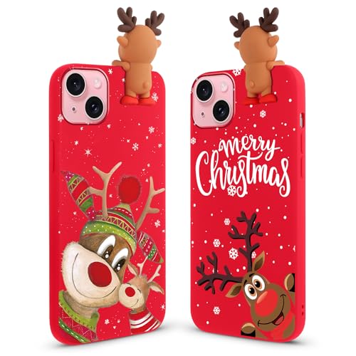 Vauki 2 Stück Weihnachten Hülle für iPhone 15 Plus, Rot Silikon Handyhülle 3D Cartoon Christmas REH mit Puppe Süß Case Christmas Muster Motiv Design für iPhone 15 Plus, Lächeln Hirsch von Vauki