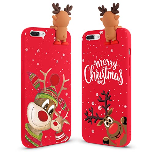 Vauki [2 Stück Weihnachten Hülle für iPhone 8 Plus/7 Plus, Rot Silikon Handyhülle 3D Cartoon Christmas REH mit Puppe Süß Case Christmas Muster Motiv Design für iPhone 8 Plus 5.5", Lächeln Hirsch von Vauki