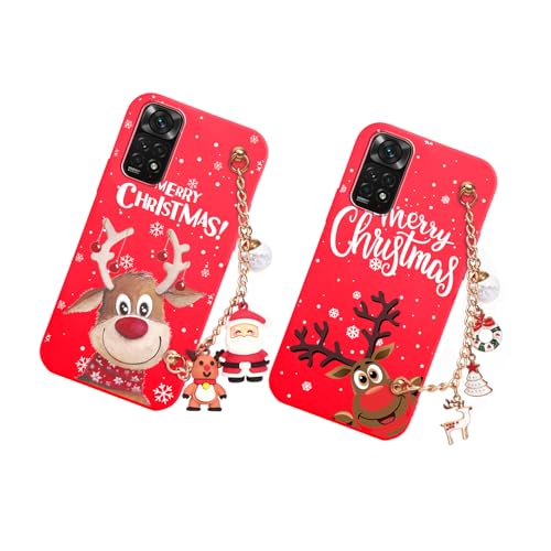 Vauki 2 Stück Weihnachten Hülle mit Kette für Xiaomi Redmi Note 11/Note 11S, Rot Silikon Case mit Handykette und Muster Cartoon, Christmas Hirsch Handyhülle Stoßfest Ultra Dünn Geschenke, Elk 03 von Vauki