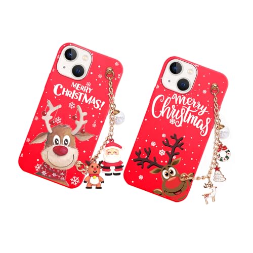 Vauki 2 Stück Weihnachten Hülle mit Kette für iPhone 13 Mini, Rot Silikon Case mit Handykette und Muster Cartoon, Christmas Hirsch Handyhülle Stoßfest Ultra Dünn Geschenke für Frauen, Elk 03 von Vauki