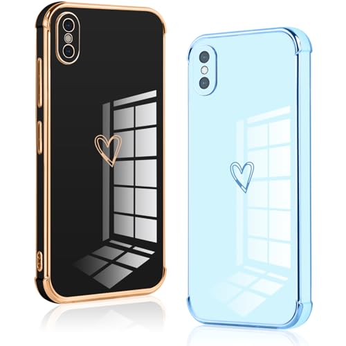 Vauki 2 Stück für iPhone XS Max Hülle, Silikon Handyhülle Herz Motiv Schutzhülle Kameraschutz Stoßfest Bumper Case für iPhone XS Max - Schwarz und Blau von Vauki