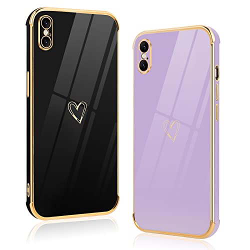 Vauki 2 Stück für iPhone XS Max Hülle, Silikon Handyhülle Herz Motiv Schutzhülle Kameraschutz Stoßfest Bumper Case für iPhone XS Max - Schwarz und Lila von Vauki