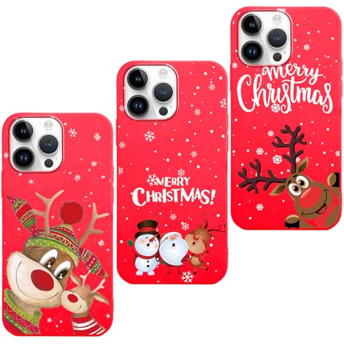 Vauki [3 Stück Weihnachten Hülle für iPhone 14 Pro, Rot Silikon Handyhülle Christmas Elch Cartoon Muster, Schutzhülle Cover Geschenk Mädchen, Hirsch-124 von Vauki