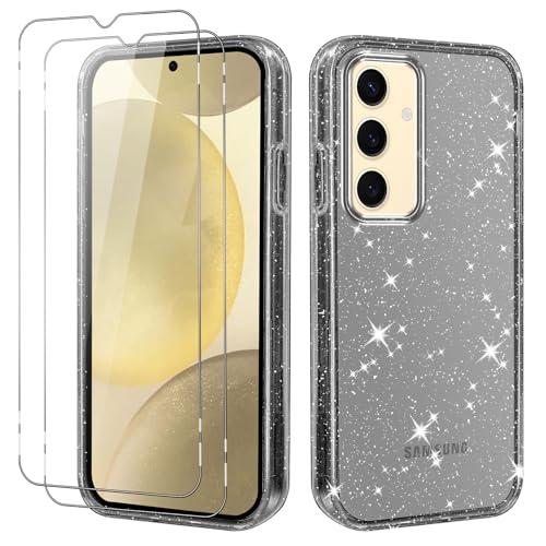 Vauki Glitzer Hülle für Samsung Galaxy S24 Plus Durchsichtig mit 2 Schutzfolie Glitter Handyhülle Hard PC Stoßfeste Kratzfeste Bling Dünn Schutzhülle Case Frauen Mädchen Cover,Schwarz von Vauki