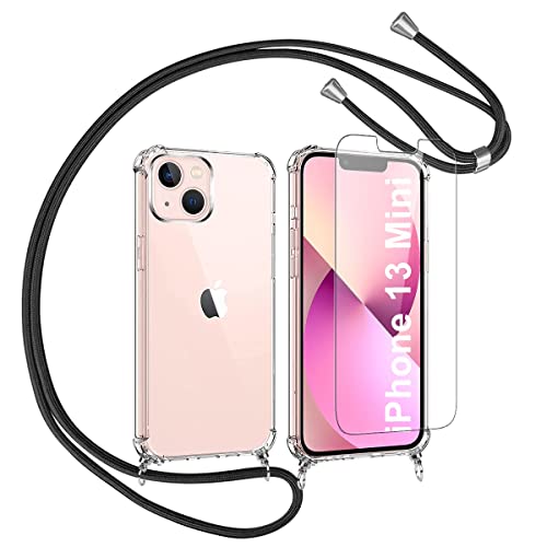 Vauki Handykette Handyhülle für Schutzglas Schutzfolie für iPhone 13 Mini mit Band Hülle Transparent Silikon Schutzhülle mit Kordel zum Umhängen Necklace für iPhone 13 Mini, Schwarz von Vauki