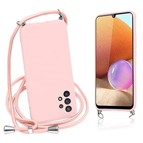 Vauki Handykette Hülle für Samsung Galaxy A32 4G Rosa Handyhülle mit Band/Kordel Necklace, Weich Silikon TPU Stoßfest Bumper Schutzhülle zum Umhängen Handykordel Schnur mit Case für Samsung A32 4G von Vauki