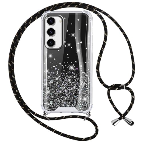 Vauki Handykette Hülle für Samsung Galaxy S23 5G, Glitzer Handyhülle mit Band Silikon Stoßfest PC Case mit Glühen Necklace Schutzhülle mit Kordel Lanyard zum Umhängen für Samsung S23, Schwarz von Vauki