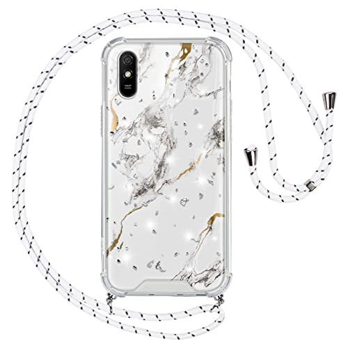 Vauki Handykette Hülle für Xiaomi Redmi 9AT /9A(4G), Necklace mit Marmor Glitzer Handyhülle mit Band Transparent Silikon Kordel zum Umhängen Schutzhülle mit Schnur Case für Redmi 9A 6,53", Weiß von Vauki