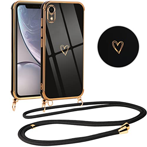 Vauki Handykette Hülle für iPhone XR mit Band, mit Liebesmuster TPU Handyhülle Ultra dünn Stoßfeste, Galvanik Silikon Case Bumper mit Kordel zum Umhängen für iPhone XR 6.1", Schwarz von Vauki