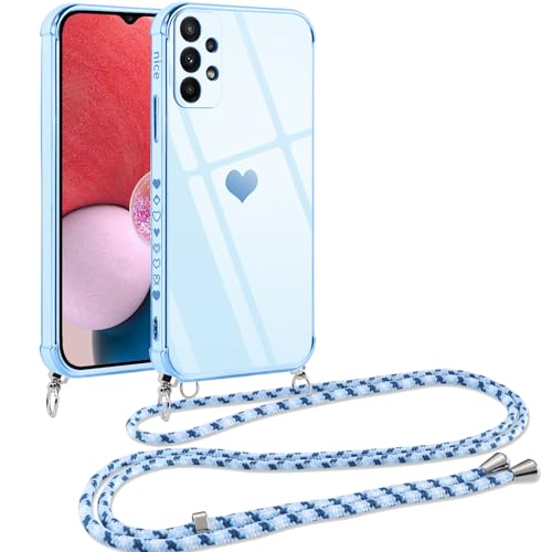 Vauki Handykette für Samsung Galaxy A13 4G Hülle mit Band, Silikon Handyhülle Herz Love Muster mit Kette, Schutzhülle zum Umhängen Kordel TPU Stoßfest Bumper Case für Samsung A13 4G, Blau von Vauki