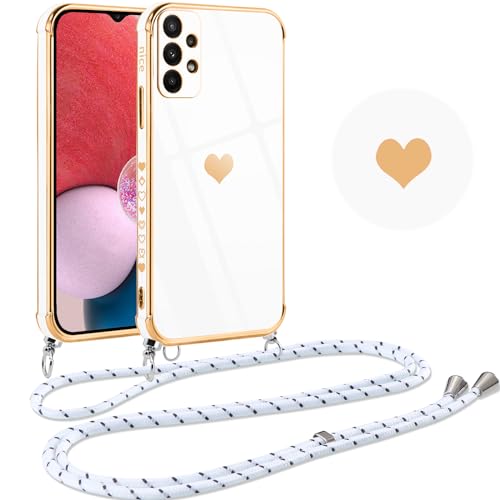 Vauki Handykette für Samsung Galaxy A13 4G Hülle mit Band,Herz Love Muster Galvanik Silikon Handyhülle mit Kette Necklace Schutzhülle zum Umhängen Kordel TPU Stoßfest Case für Samsung A13 4G, Weiß von Vauki