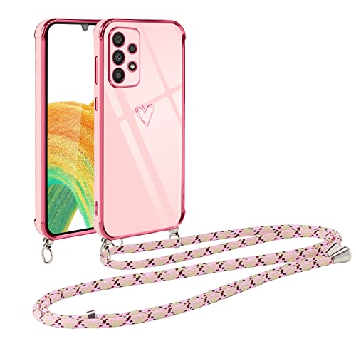 Vauki Handykette für Samsung Galaxy A33 5G Hülle mit Band, Handyhülle mit Kette, Herz Motiv, Ultra Dünn Stoßfeste Aesthetic Case mit Kordel zum Umhängen für Samsung A33 5G 6.4 Zoll, Rosa von Vauki