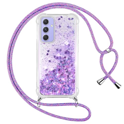 Vauki Handykette für Samsung Galaxy A54 5G Hülle mit Band, Silikon Durchsichtig Transparent Flüssig Glitzer mit Kette Kordel Treibsand Necklace TPU Schutzhülle Case für Samsung A54 5G, Lila von Vauki