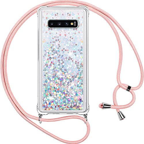 Vauki Handykette für Samsung Galaxy S10+ Hülle mit Band,Silikon Durchsichtig Transparent Flüssig Glitzer mit Kette Kordel Treibsand Necklace TPU Schutzhülle Case für Samsung S10 Plus, Silber von Vauki