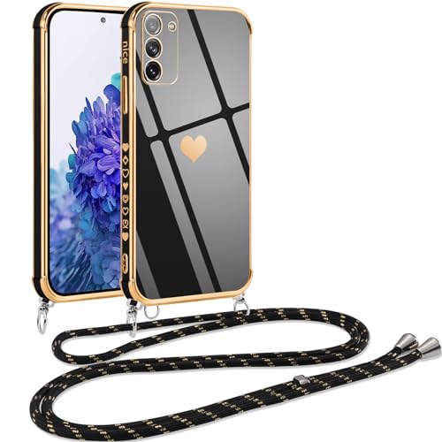 Vauki Handykette für Samsung Galaxy S20 FE 5G Hülle mit Band,Herz Love Muster Galvanik Silikon Handyhülle mit Kette Necklace Schutzhülle zum Umhängen Kordel TPU Case für Samsung S20 FE, Schwarz von Vauki