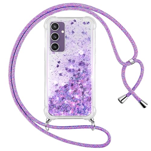 Vauki Handykette für Samsung Galaxy S23 FE 5G Hülle mit Band, Silikon Durchsichtig Transparent Flüssig Glitzer mit Kette Kordel Treibsand Necklace TPU Schutzhülle Case für Samsung S23 FE 5G, Lila von Vauki