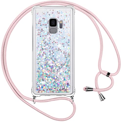 Vauki Handykette für Samsung Galaxy S9 Hülle mit Band,Silikon Durchsichtig Transparent Flüssig Glitzer mit Kette Kordel Bumper Treibsand Necklace TPU Schutzhülle Case für Samsung S9 von Vauki