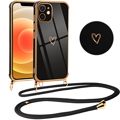 Vauki Handykette für iPhone 12 Hülle mit Band, Handyhülle mit Kette, Herz Motiv, Ultra Dünn Stoßfeste Aesthetic Case mit Kordel zum Umhängen für Apple iPhone 12 6.1", Schwarz von Vauki