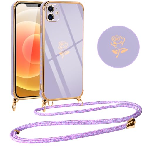 Vauki Handykette für iPhone 12 Mini Hülle mit Band, Handyhülle mit Kette, Rosen Motiv, Ultra Dünn Stoßfeste Aesthetic Case mit Kordel zum Umhängen für iPhone 12 Mini, Violett von Vauki