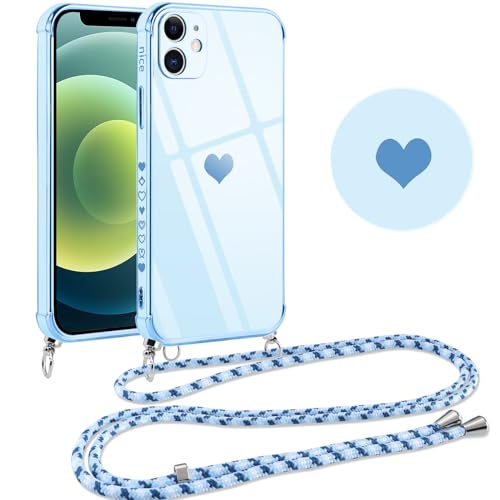 Vauki Handykette für iPhone 12 Mini Hülle mit Band, Silikon Handyhülle Herz Love Muster mit Kette, Schutzhülle zum Umhängen Kordel TPU Stoßfest Bumper Case für iPhone 12 Mini, Blau von Vauki