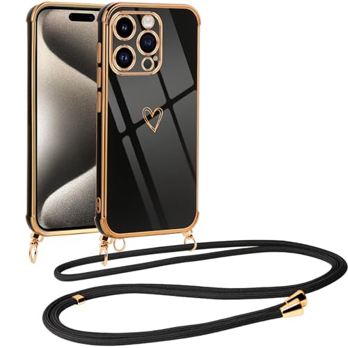 Vauki Handykette für iPhone 15 Pro Hülle mit Band, Handyhülle mit Kette, Herz Motiv, Ultra Dünn Stoßfeste Aesthetic Case mit Kordel zum Umhängen für iPhone 15Pro, Schwarz von Vauki