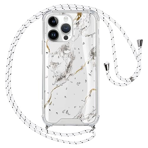 Vauki Handykette für iPhone 15 Pro Hülle mit Band, Silikon Durchsichtig Marmor Glitzer Motiv Transparent Stoßfest Bumper mit Kette Kordel zum Umhängen Handyhülle für iPhone 15Pro,Weiß von Vauki