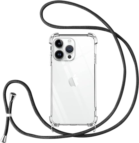 Vauki Handykette für iPhone 15 Pro Hülle mit Band Handyhülle Silikon Transparent zum Umhängen Stoßfest mit Kordel Necklace Schnur TPU Bumper Case für iPhone 15Pro, Lanyard -Schwarz von Vauki