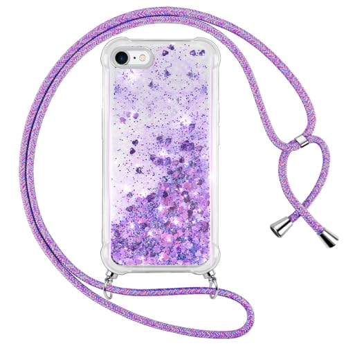 Vauki Handykette für iPhone 6/iPhone 6s Hülle mit Band, Silikon Durchsichtig Transparent Flüssig Glitzer mit Kette Kordel Treibsand Necklace TPU Schutzhülle Case für iPhone 6S, Lila von Vauki