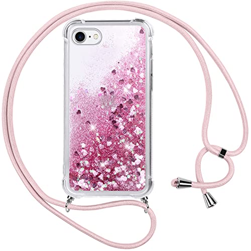 Vauki Handykette für iPhone 6/iPhone 6s Hülle mit Band,Silikon Durchsichtig Transparent Flüssig Glitzer mit Kette Kordel Bumper Treibsand Necklace TPU Schutzhülle Case für iPhone 6S,Rosa von Vauki