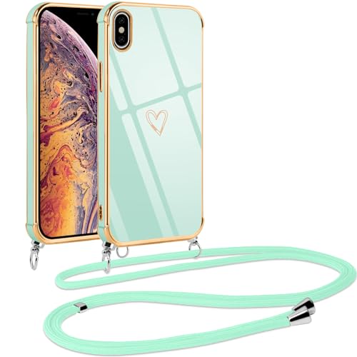 Vauki Handykette für iPhone XS Max Hülle mit Band, Handyhülle mit Kette, Herz Motiv, Ultra Dünn Stoßfeste Aesthetic Case mit Kordel zum Umhängen für iPhone XS Max 6.5 Zoll, Grün von Vauki