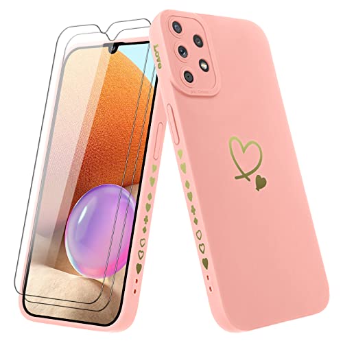 Vauki Hülle für Samsung Galaxy A32 4G mit 2 Stück Schutzfolie Handyhülle Mädchen mit Herz Motiv Muster Weiches Dünne Silikon TPU Stoßfest Kratzfeste Case Kompatibel mit Samsung A32 4G, Rosa von Vauki