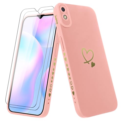 Vauki Hülle für Xiaomi Redmi 9AT/Redmi 9A mit 2 Schutzfolie Handyhülle Mädchen mit Herz Motiv Muster Weiches Dünne Silikon TPU Stoßfest Kratzfeste Case Kompatibel mit Xiaomi Redmi 9AT/Redmi 9A, Rosa von Vauki