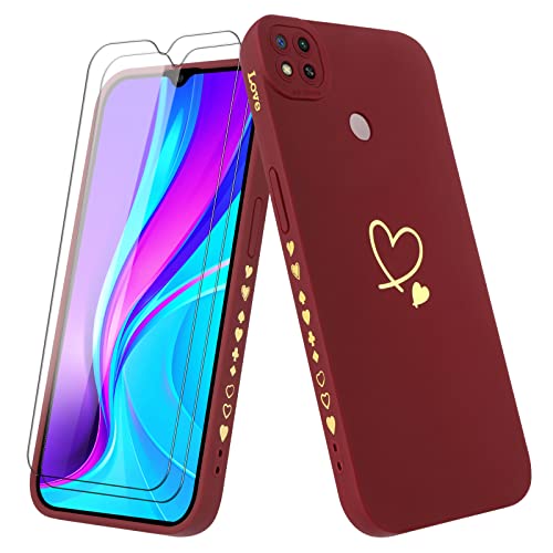 Vauki Hülle für Xiaomi Redmi 9C /Redmi 9C NFC mit 2 Stück Schutzfolie Handyhülle Mädchen mit Herz Motiv Muster Weiches Dünne Silikon TPU Stoßfest Kratzfeste Case für Redmi 9C, Claret von Vauki