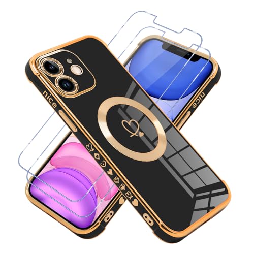 Vauki Hülle für iPhone 11 Kompatibel mit MagSafe mit 2 Schutzfolie Handyhülle mit Herz Motiv Muster Weiche TPU Silikon Mädchen Case Magnetisch Schutzhülle Cover für iPhone 11 6.1",Schwarz von Vauki