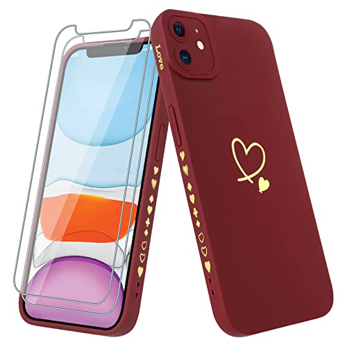 Vauki Hülle für iPhone 11 mit 2 Stück Schutzfolie Handyhülle Mädchen mit Herz Motiv Muster Weiches Dünne Silikon TPU Stoßfest Kratzfeste Case Kompatibel mit iPhone 11, Claret von Vauki