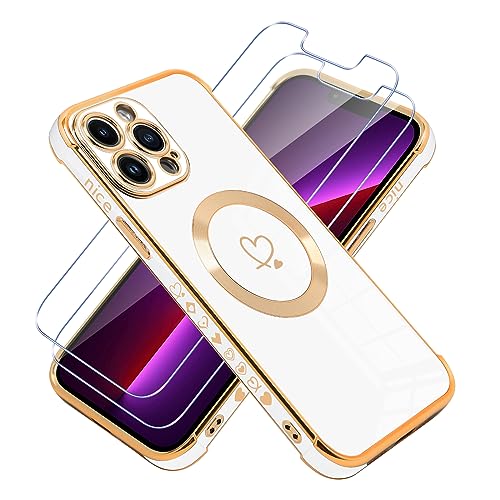 Vauki Hülle für iPhone 13 Pro Max Kompatibel mit MagSafe mit 2 Schutzfolie Handyhülle mit Herz Motiv Muster Weiche TPU Silikon Mädchen Case Magnetisch Schutzhülle Cover für iPhone 13Pro Max 6.7",weiß von Vauki